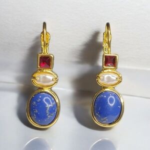 18k Gold Plated Stainless Lapis Lazuli Ruby Crystal Pearl Dangle Earrings